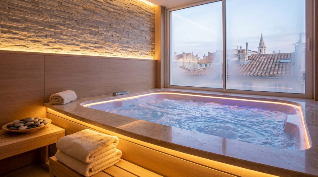 Jacuzzi moderne bouillonnant avec éclairage LED, des serviettes moelleuses et une vue sur les toits de Marseille et un clocher.
