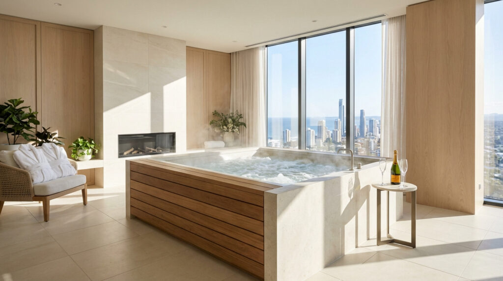 Jacuzzi bouillonnant dans une suite de luxe lumineuse avec vue sur la ville/mer. Peignoirs, cheminée et champagne.