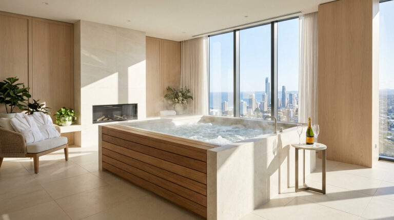 Jacuzzi bouillonnant dans une suite de luxe lumineuse avec vue sur la ville/mer. Peignoirs, cheminée et champagne.