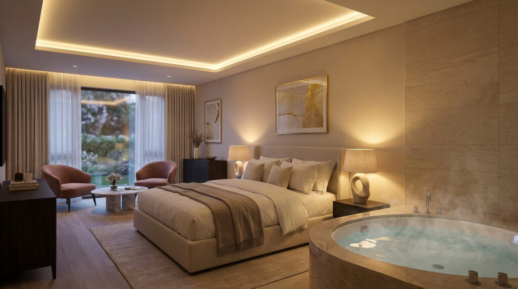 Chambre d'hôtel luxueuse avec grand lit, jacuzzi intégré fumant, fauteuils roses et vue sur jardin. Ambiance romantique.