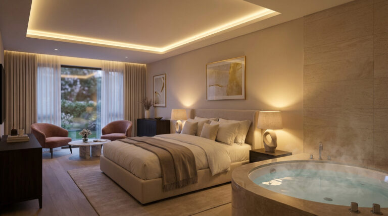 Chambre d'hôtel luxueuse avec grand lit, jacuzzi intégré fumant, fauteuils roses et vue sur jardin. Ambiance romantique.