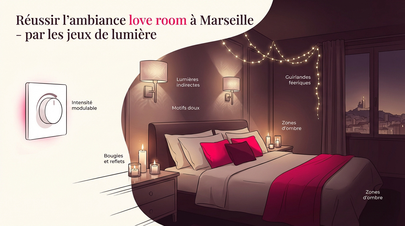Ambiance tamisée et romantique avec jeux de lumières dans une Love Room à Marseille