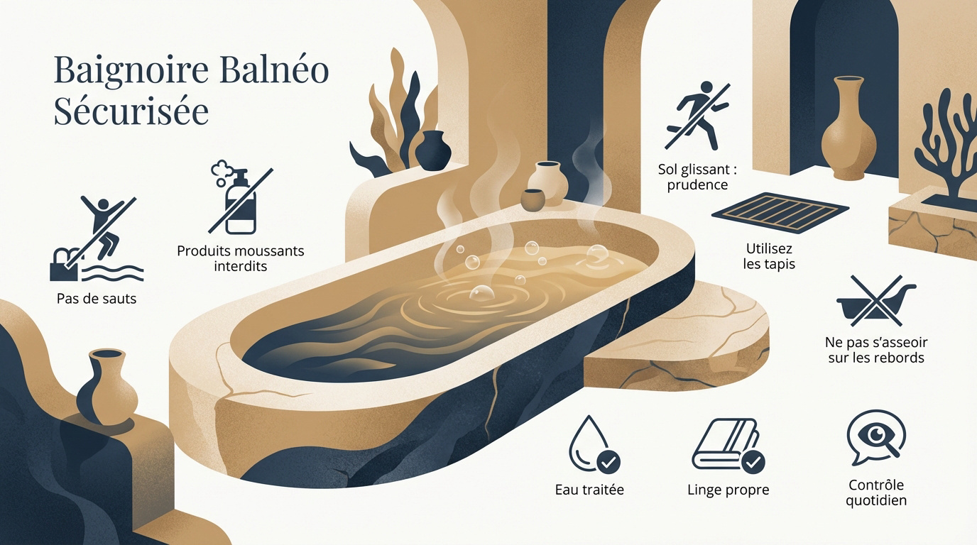 Baignoire balnéo haut de gamme avec consignes de sécurité pour un moment de détente serein