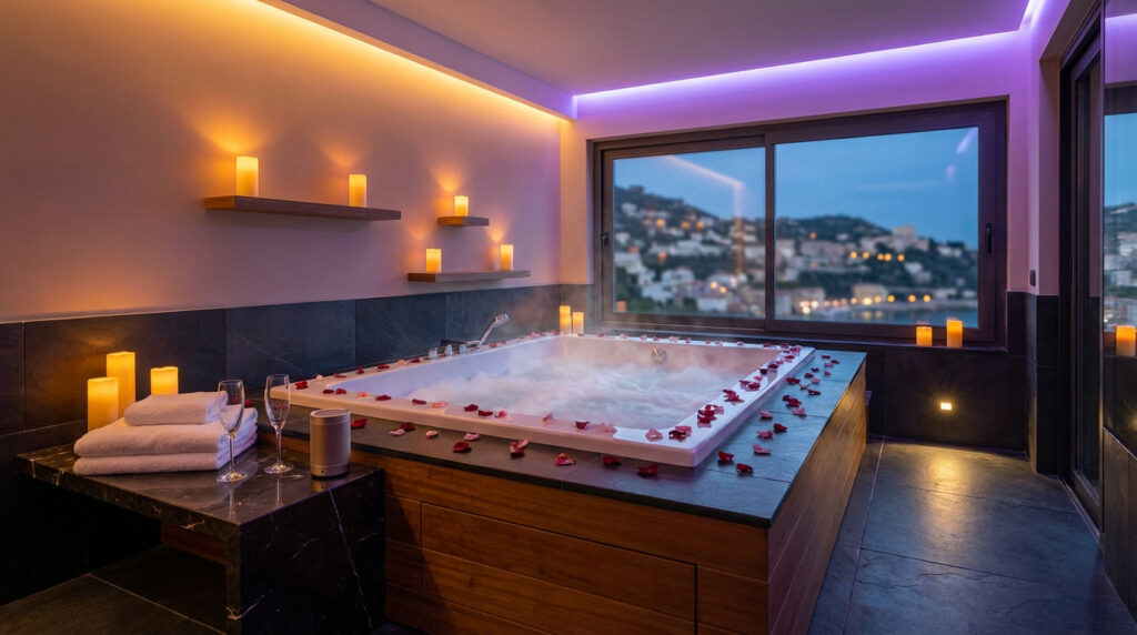 Jacuzzi bouillonnant avec pétales de roses, lumières d'ambiance colorées et bougies. Vue nocturne sur une ville. Serviettes et flûtes.