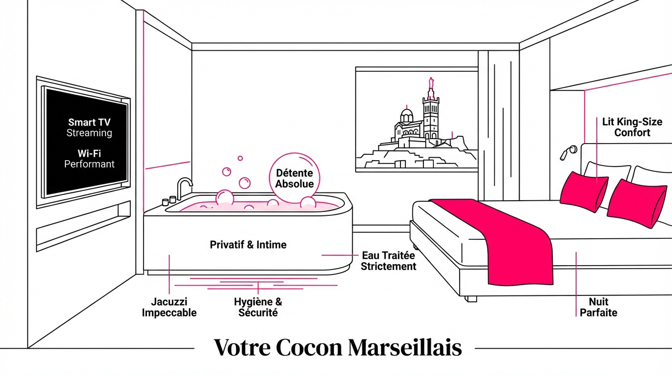 Chambre de luxe avec jacuzzi privatif et lit king size au centre-ville de Marseille