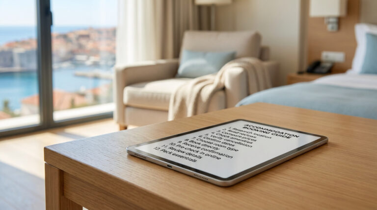 Tablette sur table en bois affichant une checklist de réservation d'hébergement de 12 points. Chambre d'hôtel et vue sur mer.