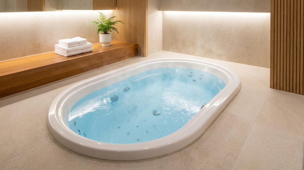 Jacuzzi ovale bouillonnant dans une salle de bain moderne avec carrelage clair, étagère en bois, serviettes et plante verte.