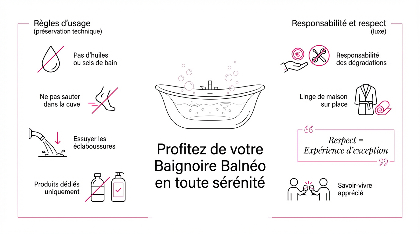 Infographie des règles d'usage et de sécurité pour la baignoire balnéo de la Love Room