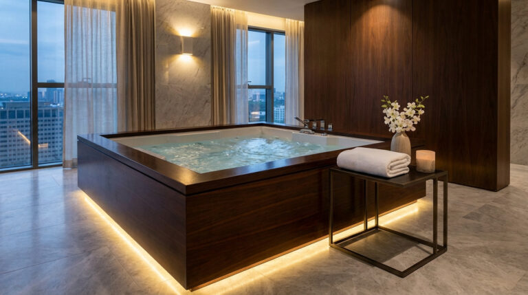Jacuzzi moderne en bois sombre avec éclairage, eau bouillonnante, dans une suite de luxe. Vue sur la ville, serviette et fleurs.