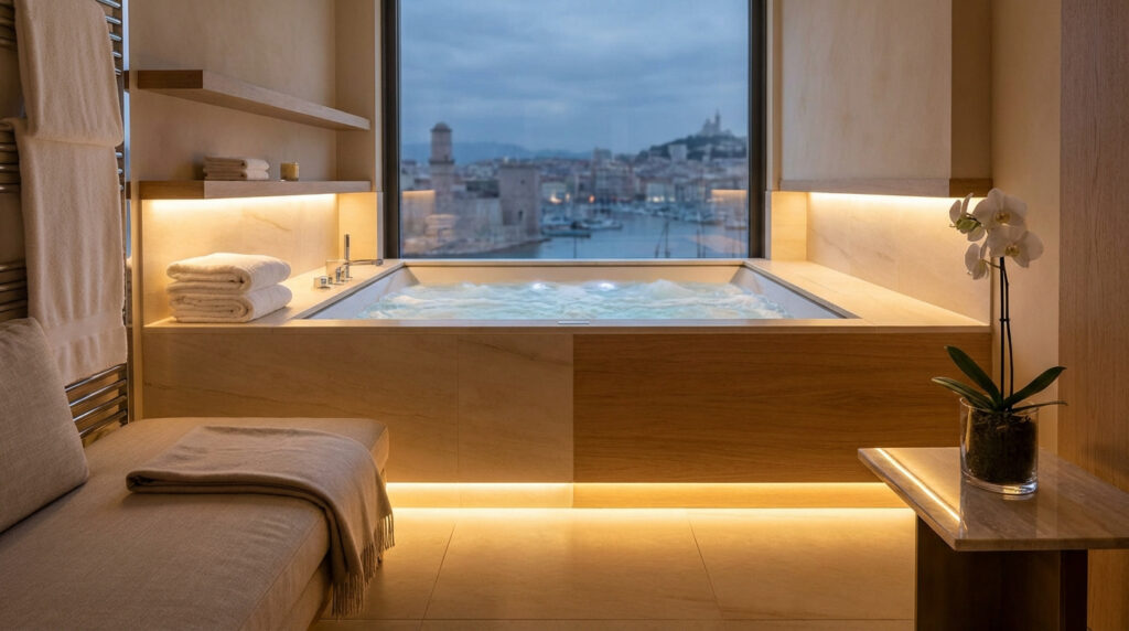Luxueuse salle de bain avec jacuzzi moussant et vue imprenable sur le Vieux-Port de Marseille au crépuscule.