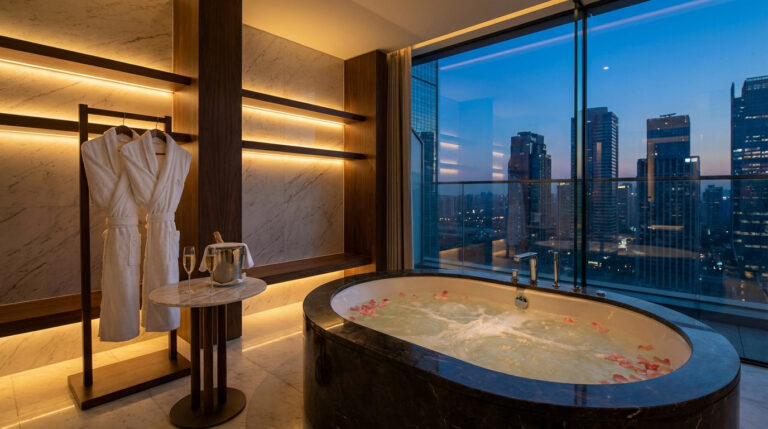 Love room luxueuse avec jacuzzi à pétales de roses, vue sur la ville au crépuscule, peignoirs et champagne.