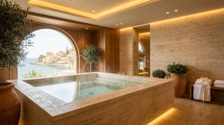 Grand jacuzzi luxueux en pierre dans une love room élégante, offrant une vue imprenable sur la mer et un village côtier.