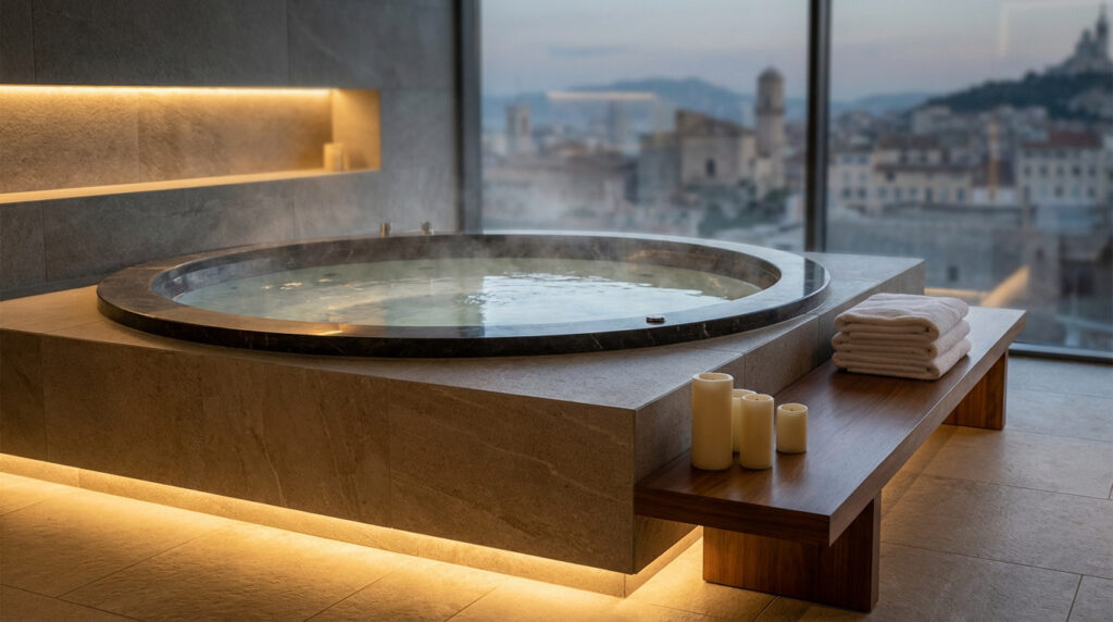 Jacuzzi rond moderne et fumant avec éclairage indirect, serviettes et bougies. Vue panoramique sur une ville méditerranéenne au crépuscule.