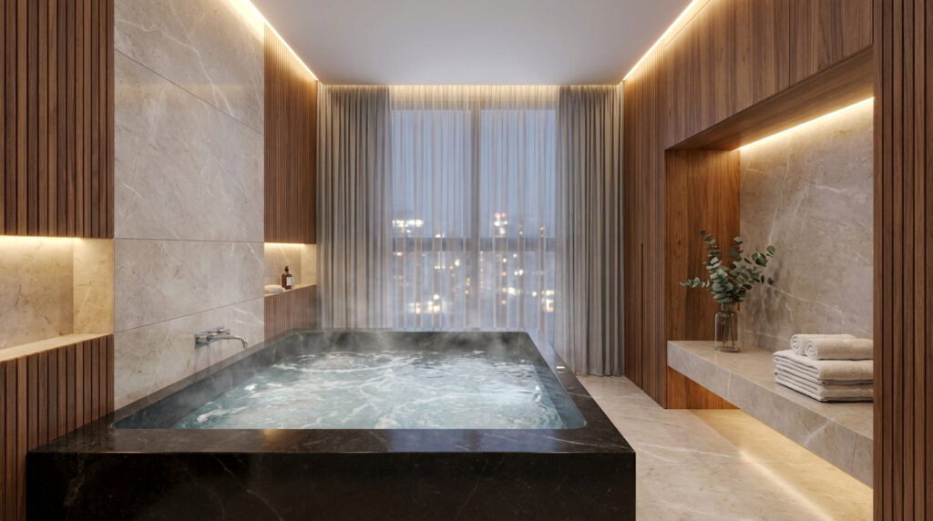 Salle de bain moderne et luxueuse avec jacuzzi fumant, murs marbrés et boisés, éclairage tamisé, vue nocturne sur la ville.