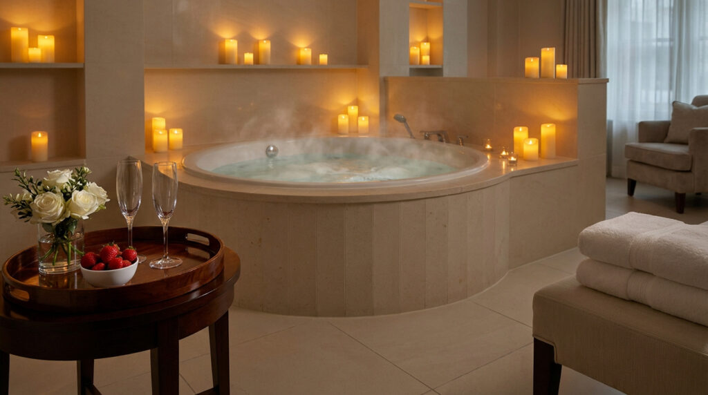 Jacuzzi fumant éclairé aux chandelles, avec des roses blanches, coupes de champagne et fraises pour une soirée romantique.