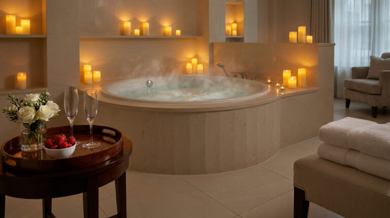 Jacuzzi fumant éclairé aux chandelles, avec des roses blanches, coupes de champagne et fraises pour une soirée romantique.