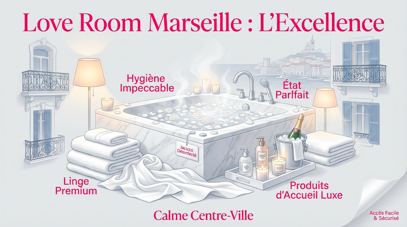 Intérieur élégant d'une love room premium avec jacuzzi privatif à Marseille