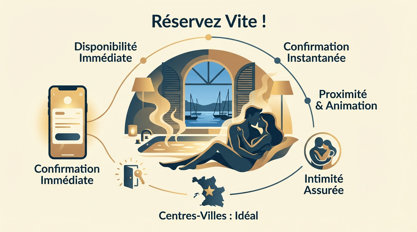 Intérieur élégant d'une love room à Marseille avec jacuzzi privatif pour une réservation de dernière minute