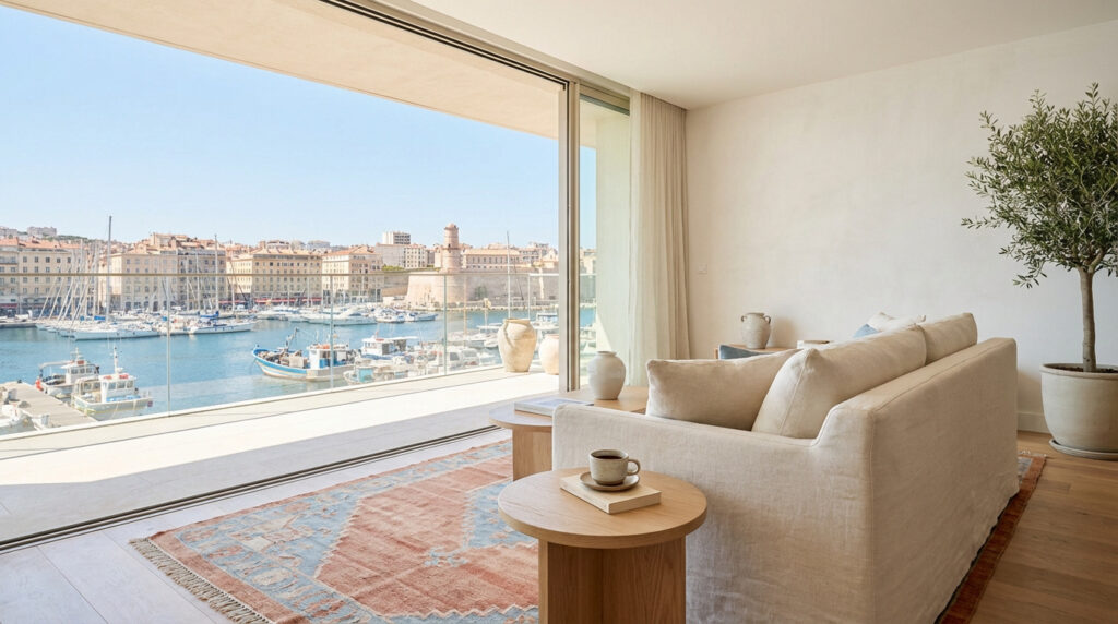 Salon lumineux et moderne avec canapé beige, tapis coloré et vue imprenable sur le Vieux-Port de Marseille, ses bateaux et le Fort Saint-Jean.