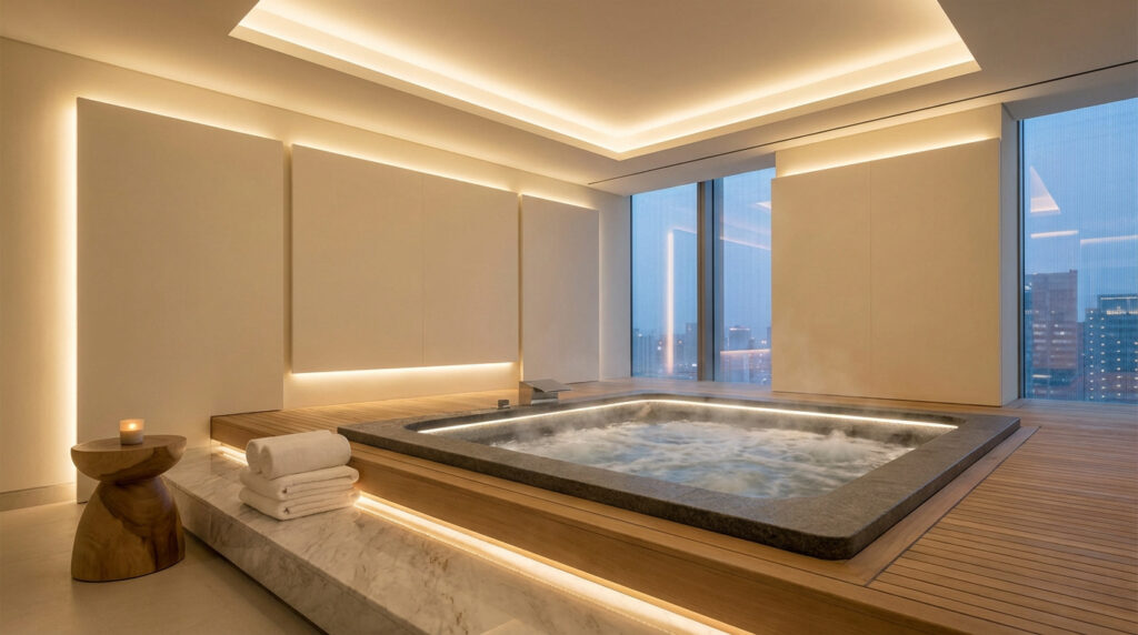Love room moderne et luxueuse avec un grand jacuzzi fumant, éclairage LED tamisé, serviettes et vue sur une ville nocturne.