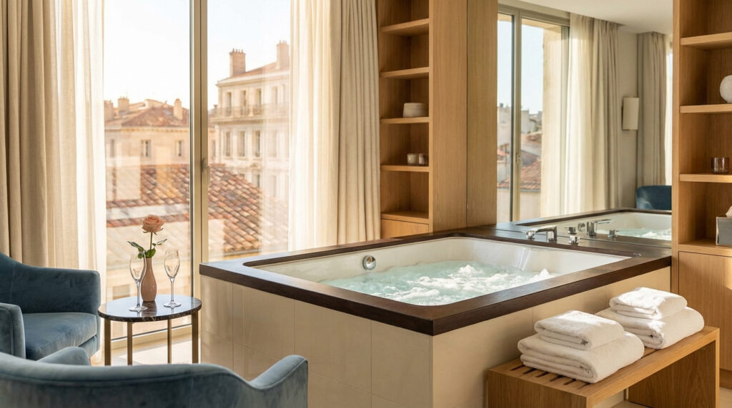 Une Love Room avec jacuzzi bouillonnant, vue sur les toits de Marseille, une rose et deux flûtes de champagne sur une table.