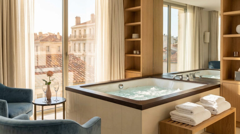 Une Love Room avec jacuzzi bouillonnant, vue sur les toits de Marseille, une rose et deux flûtes de champagne sur une table.