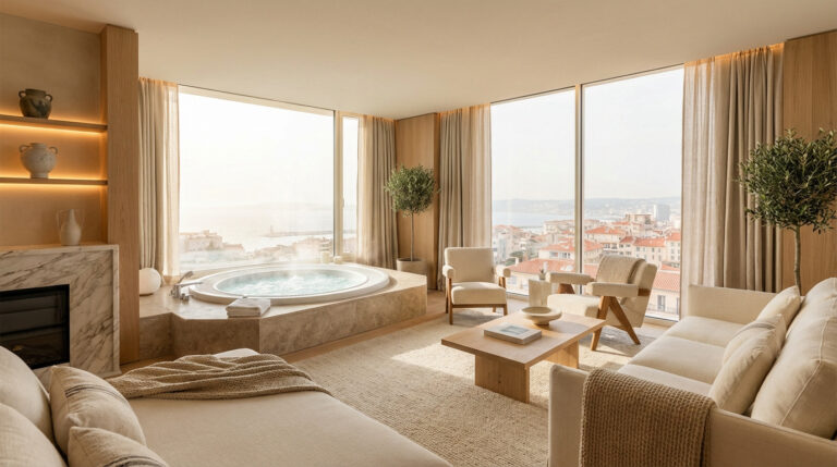 Luxueuse love room à Marseille avec jacuzzi intégré, vue panoramique sur la ville et la mer, mobilier beige moderne.
