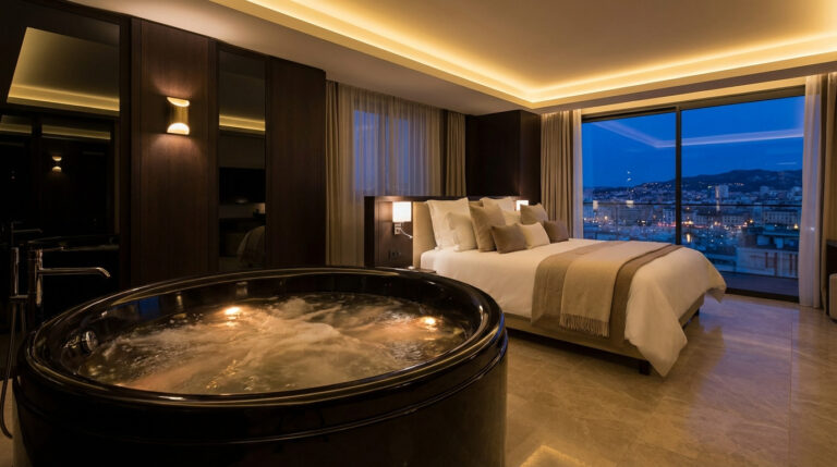 Chambre d'hôtel luxueuse avec un jacuzzi rond, un grand lit double et une baie vitrée donnant sur une ville illuminée la nuit.