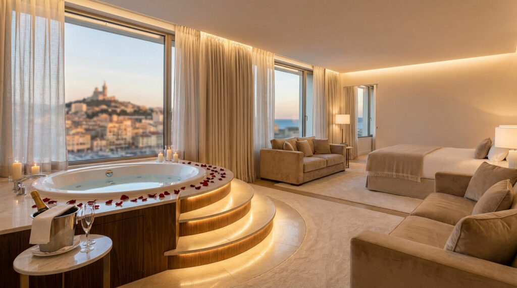Chambre de luxe avec grand jacuzzi, pétales de rose, bougies et champagne, offrant une vue panoramique sur Marseille et la mer.