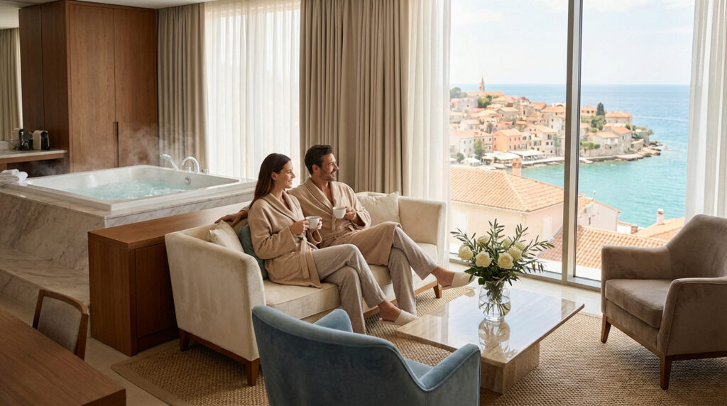 Couple souriant en peignoirs sur canapé, face à un jacuzzi fumant et une vue mer pittoresque d'une ville côtière.