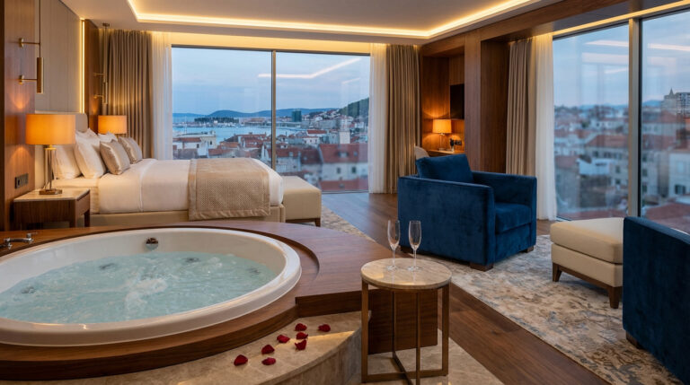 Chambre d'hôtel luxueuse avec grand lit, jacuzzi pétillant, pétales de rose, vue sur une ville côtière depuis de grandes fenêtres, et fauteuils bleus.