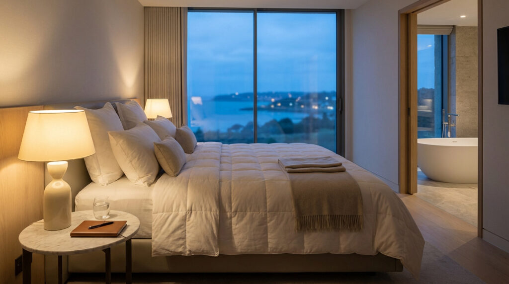 Chambre luxueuse avec grand lit, vue mer au crépuscule et ville illuminée. Salle de bain ouverte avec baignoire îlot.