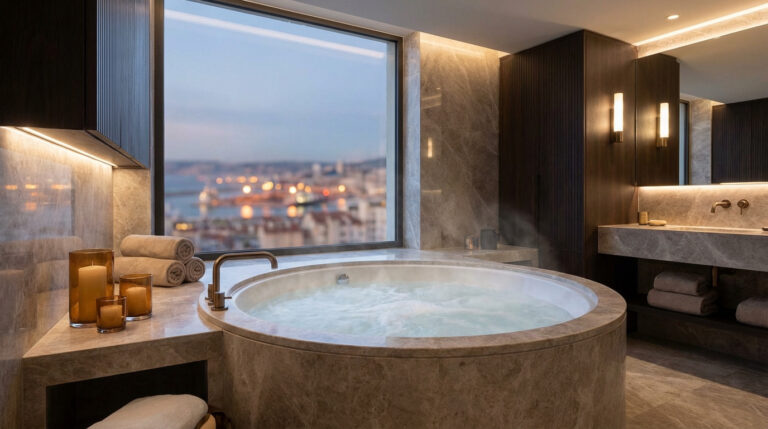 Jacuzzi rond de luxe bouillonnant avec vue panoramique sur Marseille au crépuscule. SDB en marbre, éclairage doux, serviettes et bougies.