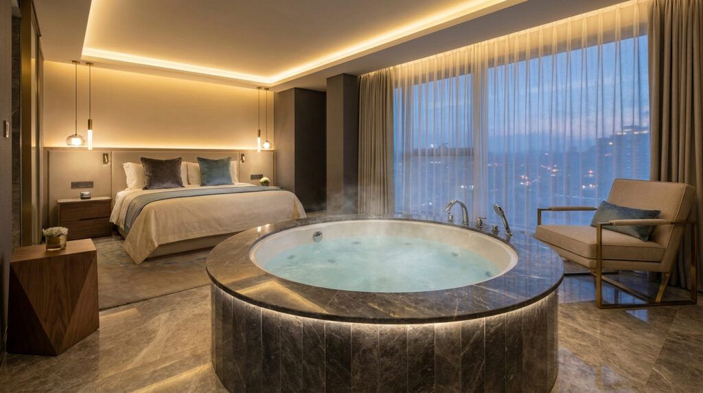 Chambre d'hôtel élégante avec lit, jacuzzi fumant intégré au sol, et vue urbaine nocturne depuis la fenêtre.