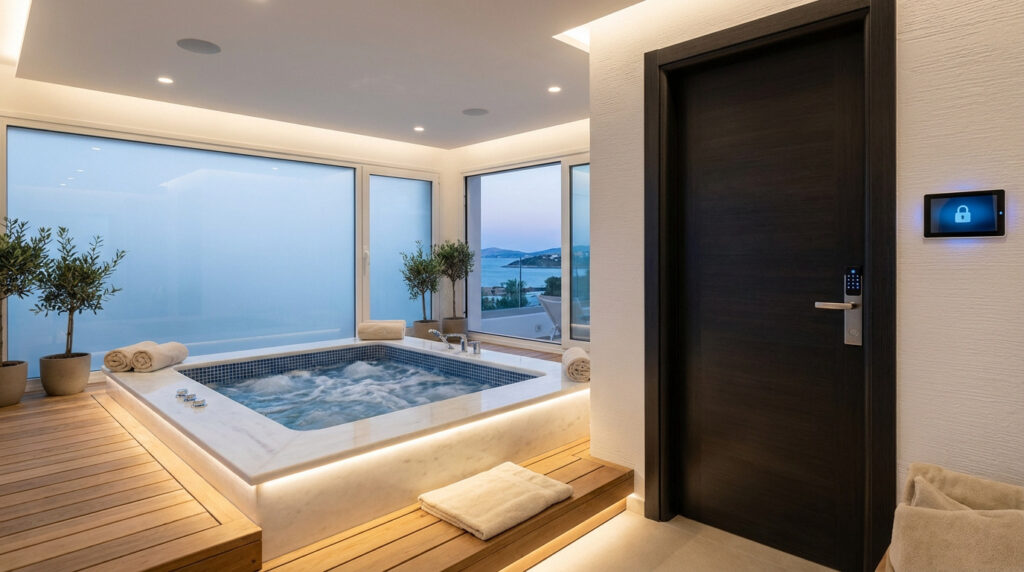 Jacuzzi moderne à bulles dans une pièce lumineuse avec vue sur mer. Accès autonome via porte avec digicode et écran de contrôle sécurisé.