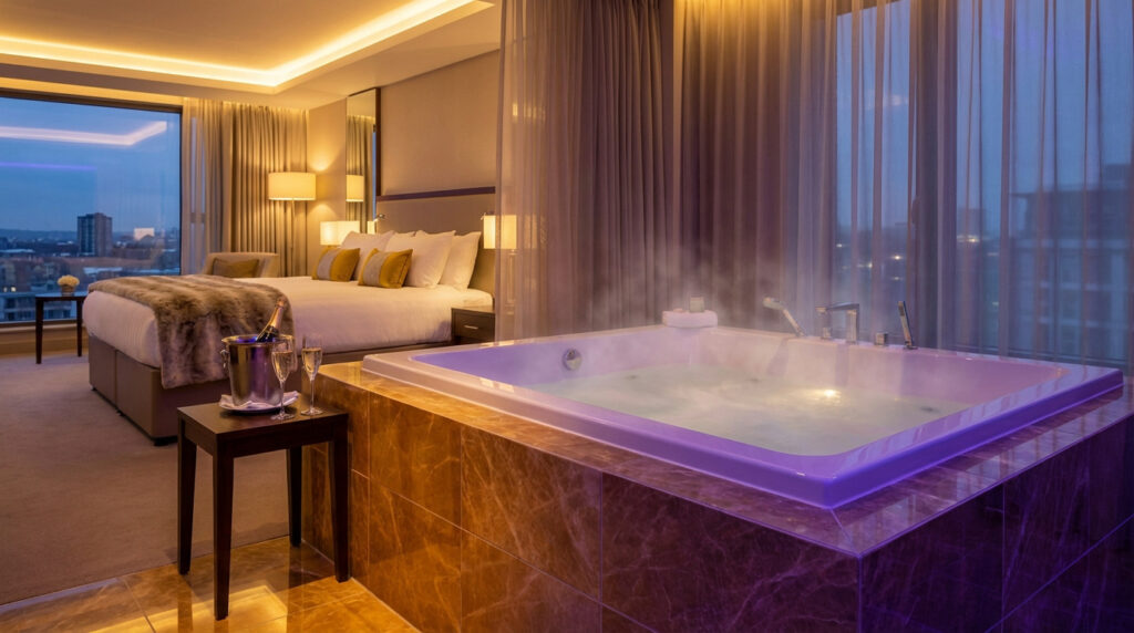 Luxueuse chambre d'hôtel avec grand lit, jacuzzi fumant éclairé en violet, champagne, et vue nocturne sur la ville.