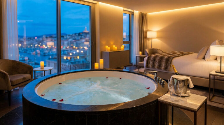 Chambre luxueuse avec jacuzzi intégré, vue sur le port de Marseille au crépuscule. Bougies, lit douillet et champagne.