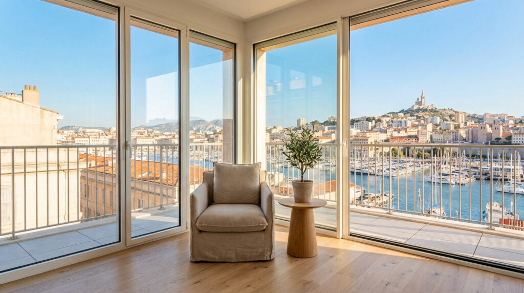 Vue panoramique sur le Vieux-Port de Marseille depuis une chambre lumineuse. Fauteuil, table et plante d'olivier. Notre-Dame au loin.